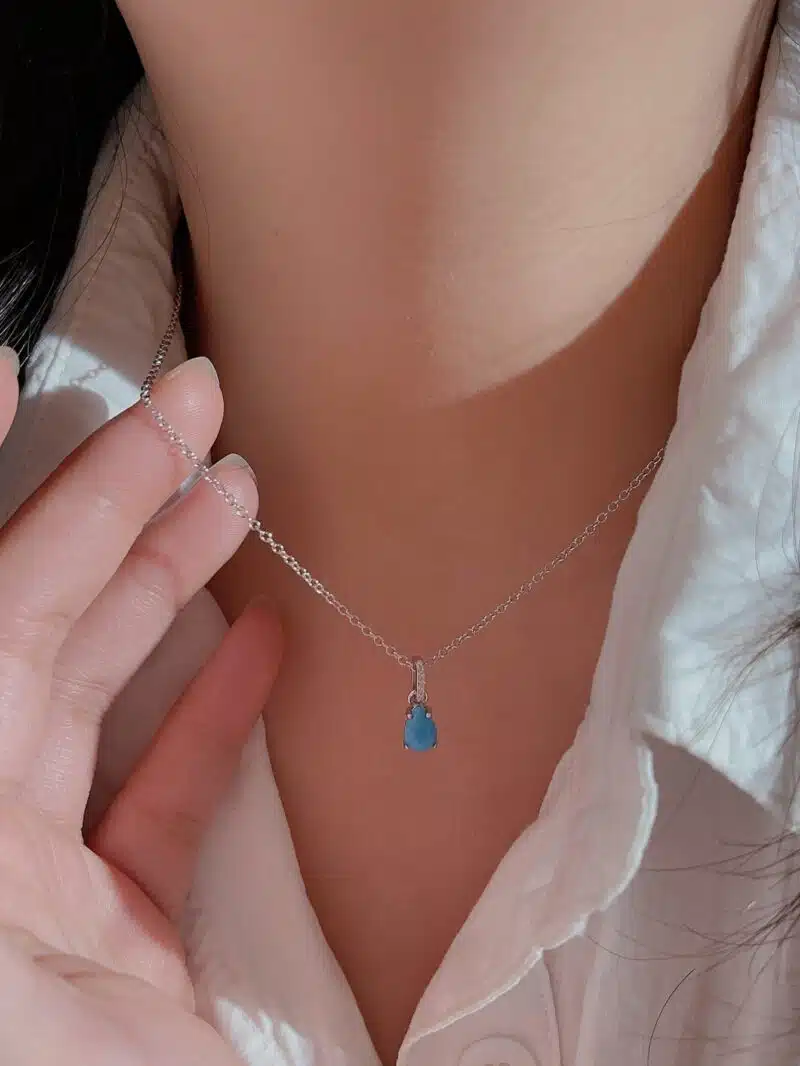 model wearing water drop amazonite birthstone pendant necklace 2